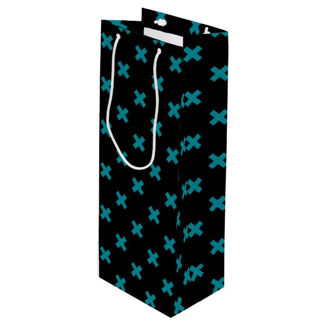 Teal cross stitches on black wine gift bag (Front Angled)