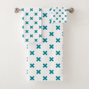 Teal cross stitches on white bath towel set