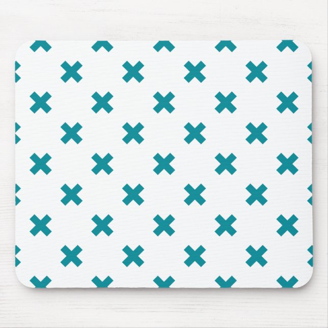 Teal cross stitches on white mouse mat (Front)