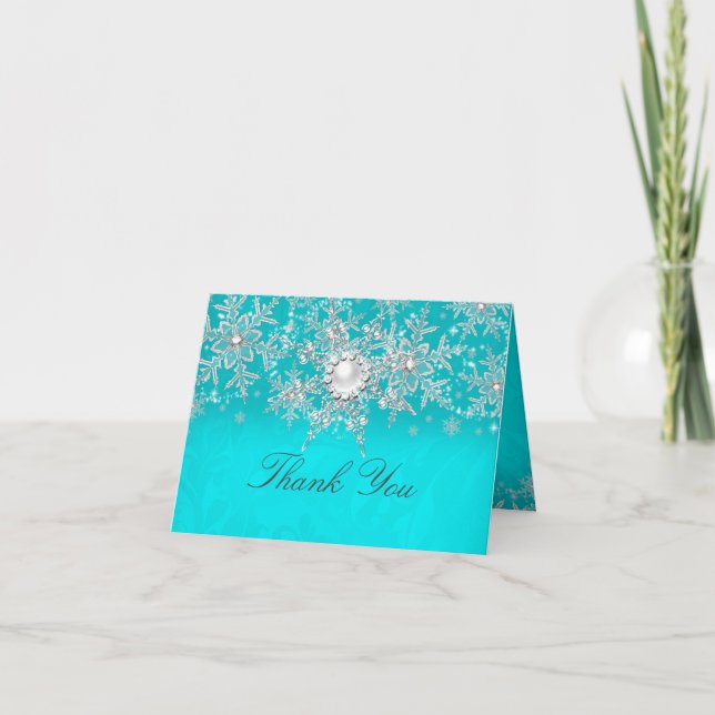 Teal Crystal Pearl Snowflake Silver Thank You Card (Front)