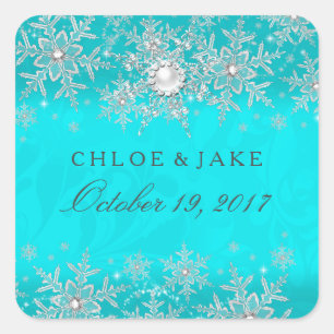 Teal Crystal Pearl Snowflake Silver Wedding Square Sticker