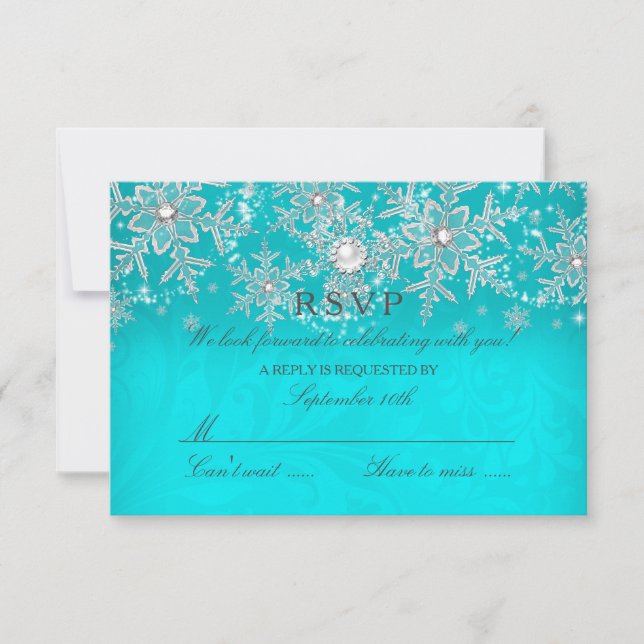Teal Crystal Pearl Snowflake Silver Winter RSVP (Front)