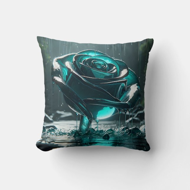“Teal Crystal Rose with Falling Raindrops" Cushion (Front)