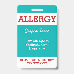 Teal Custom Kids Food Allergy Alert Personalised ID Badge