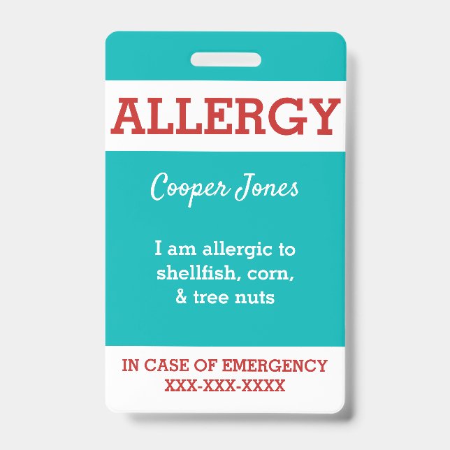 Teal Custom Kids Food Allergy Alert Personalised ID Badge (Front)