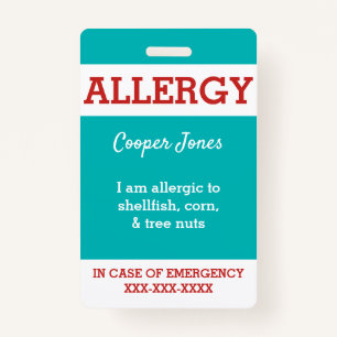 Teal Custom Kids Food Allergy Alert Personalised ID Badge