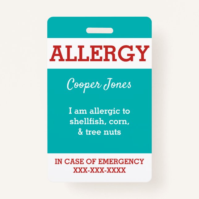 Teal Custom Kids Food Allergy Alert Personalised ID Badge (Front)