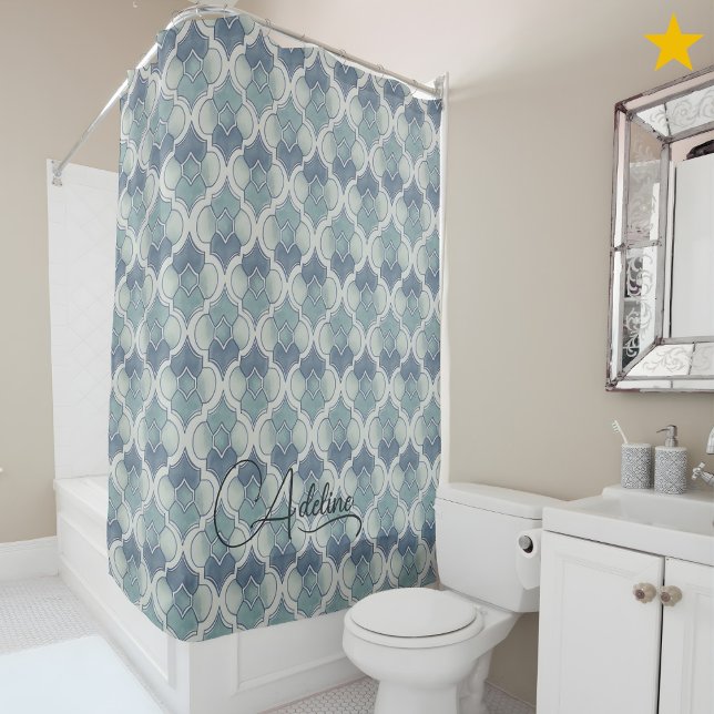 Teal Custom Name Watercolor Geometric Pattern  Shower Curtain (Creator Uploaded)
