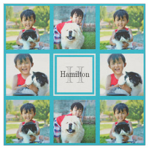 Teal Custom Personalised Photo Collage Monogram Fabric