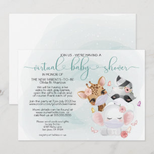Teal Cute Animals in Masks Virtual Baby Shower Invitation