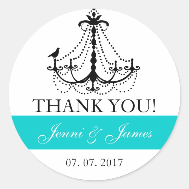 Teal Cute Chandelier Wedding Favour Thank You Classic Round Sticker (Front)