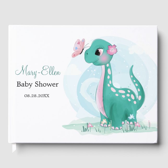 Teal Cute Dinosaur with Butterfly Baby Shower  Guest Book (Front)