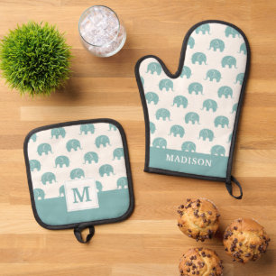 Teal Cute Elephant Pattern Oven Mitt & Pot Holder Set