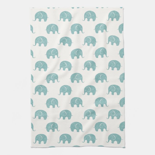 Teal Cute Elephant Pattern Tea Towel (Vertical)