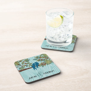 Teal Cute Kissing Love Birds Sitting in Bird Cage Coaster