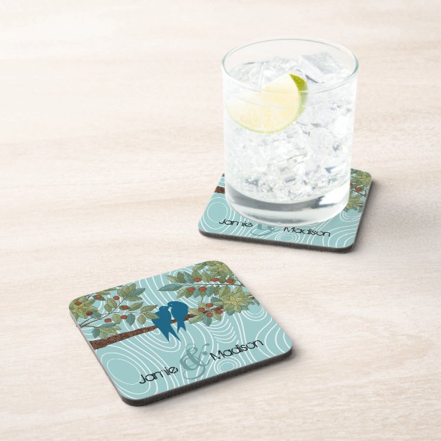 Teal Cute Kissing Love Birds Sitting in Bird Cage Coaster (Right Side)