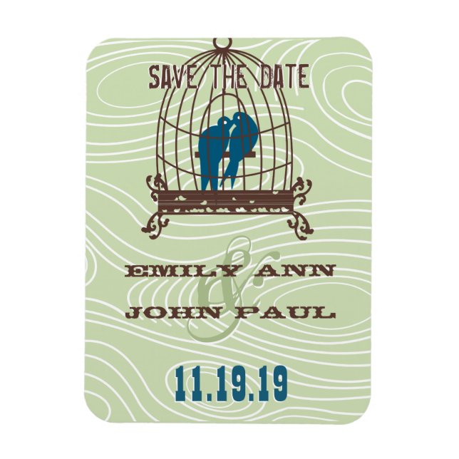 Teal Cute Kissing Love Birds Sitting in Bird Cage Magnet (Vertical)