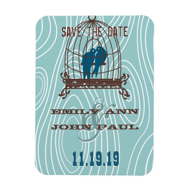 Teal Cute Kissing Love Birds Sitting in Bird Cage Magnet (Vertical)