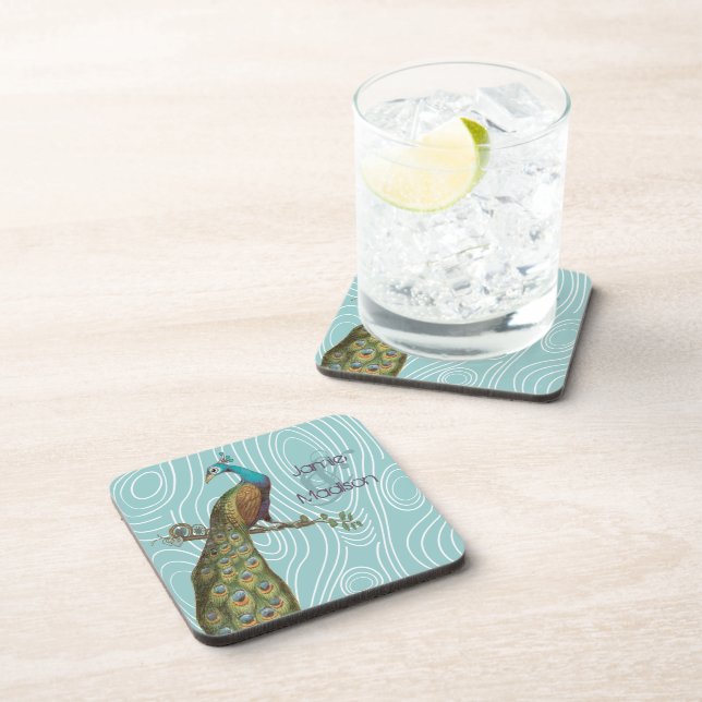 Teal Cute Peacock on Aqua or Any Colour Wood Grain Coaster (Right Side)