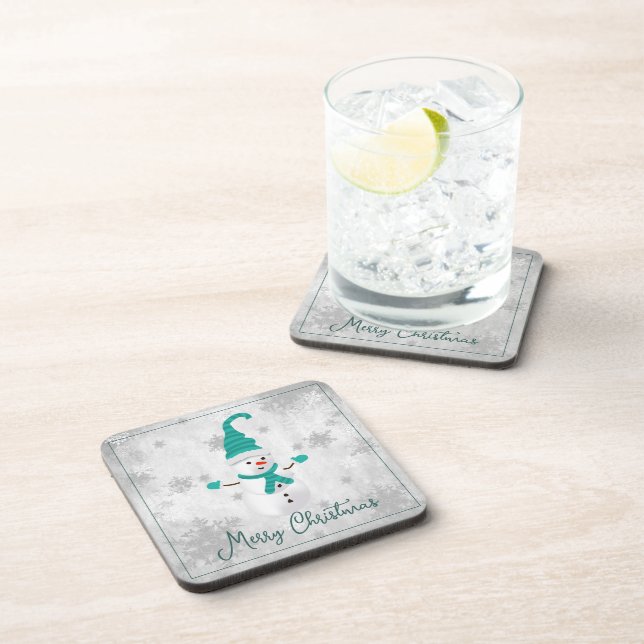 Teal Cute Snowman Beverage Coaster (Right Side)