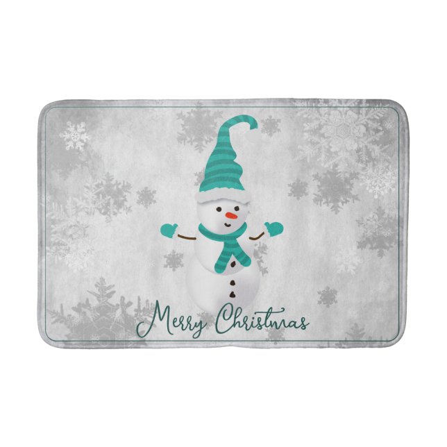 Teal Cute Snowman Holiday Bath Mat (Front)