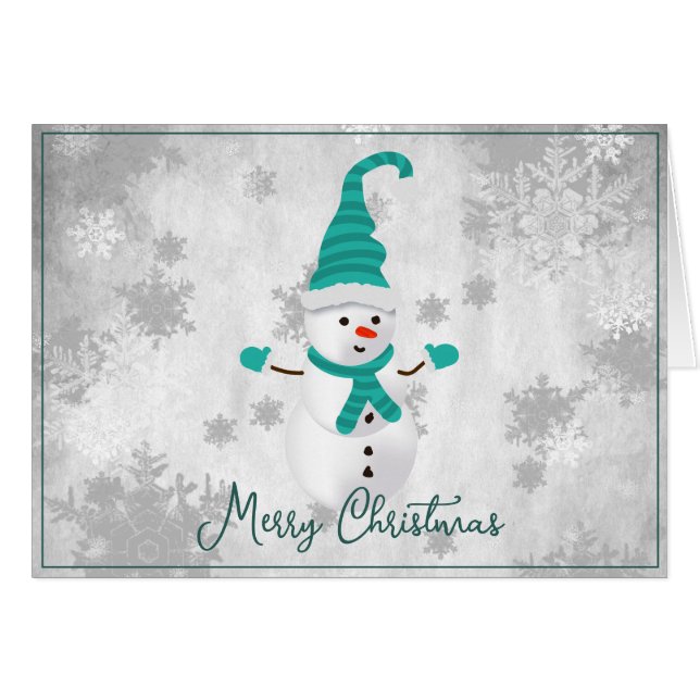 Teal Cute Snowman Holiday Greeting Card (Front Horizontal)