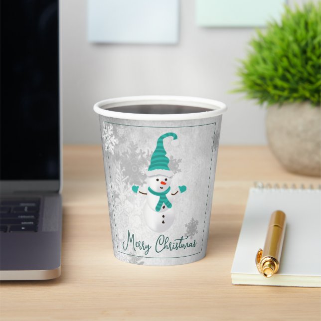 Teal Cute Snowman Holiday Paper Cup (Insitu)