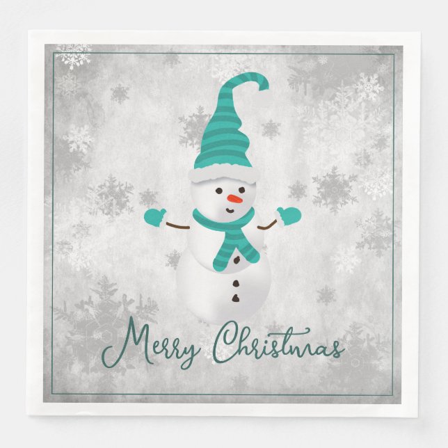Teal Cute Snowman Holiday Paper Napkin (Front)