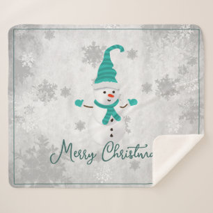 Teal Cute Snowman Holiday Sherpa Blanket