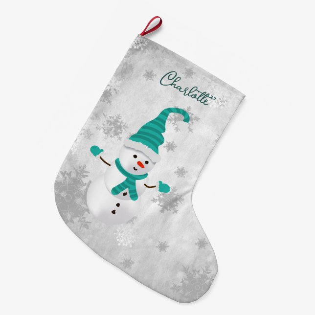 Teal Cute Snowman Holiday Stocking (Front (Hanging))