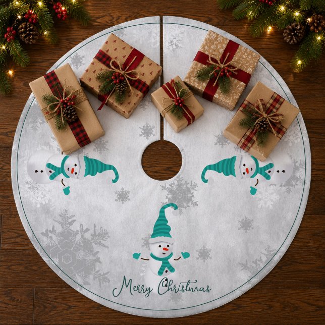Teal Cute Snowman Tree Skirt (Teal Cute Snowman Christmas Tree Skirt)