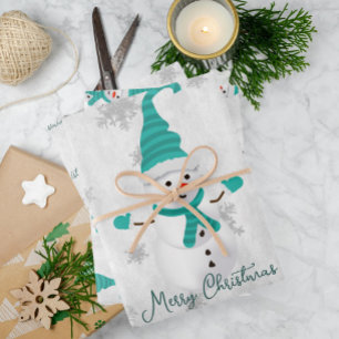 Teal Cute Snowman Wrapping Paper Sheets