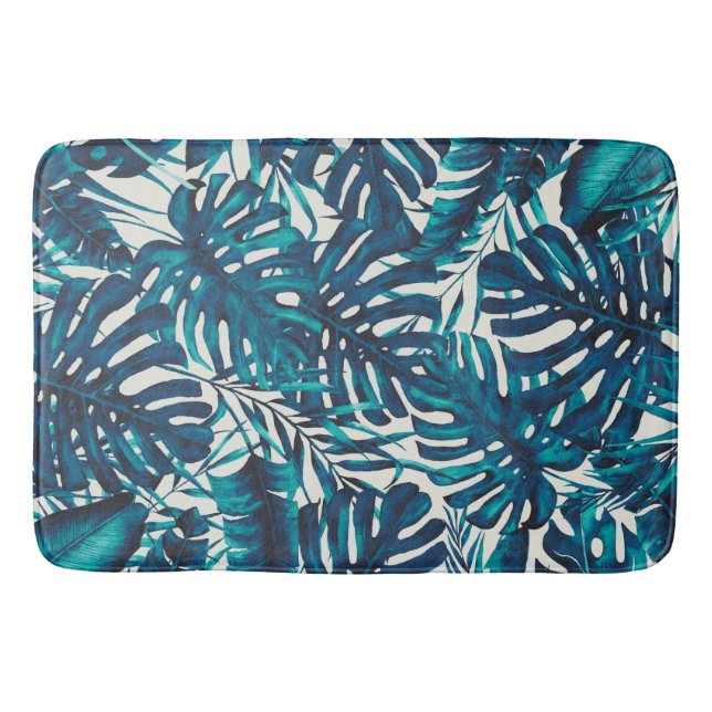 Teal Cyan Green Tropical Palm Leaves Summer Island Bath Mat (Front)