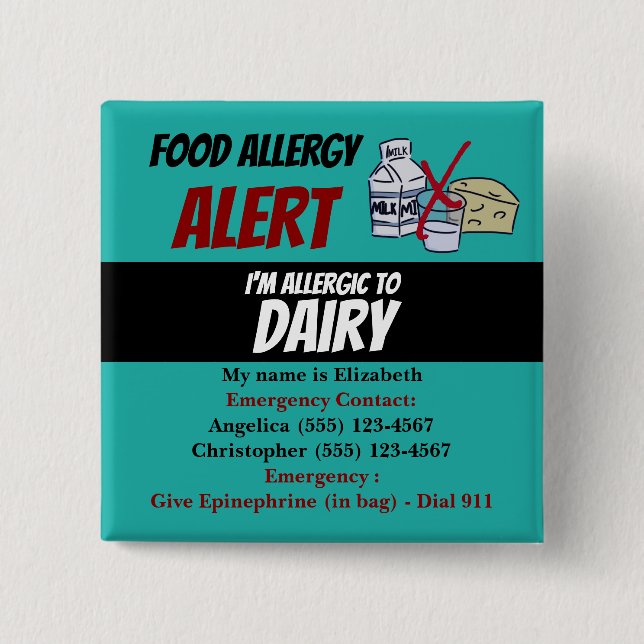 Teal Dairy Food Allergy Alert Warning 15 Cm Square Badge (Front)