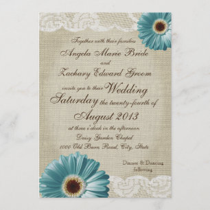Teal Daisy and Lace Wedding Invitation