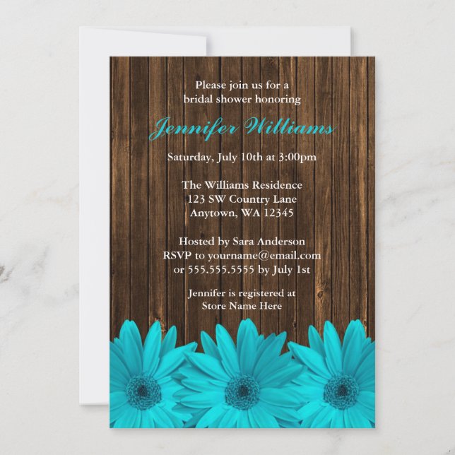 Teal Daisy Barn Wood Bridal Shower Invitations (Front)