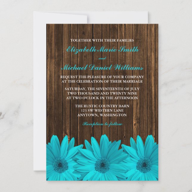 Teal Daisy Barn Wood Wedding Invitations (Front)