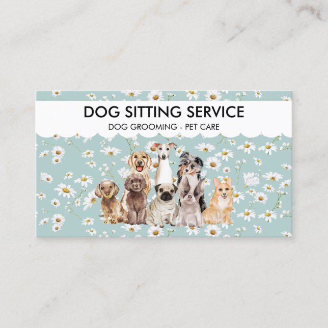 Teal Daisy Flowers Watercolor Dogs Business Card (Front)