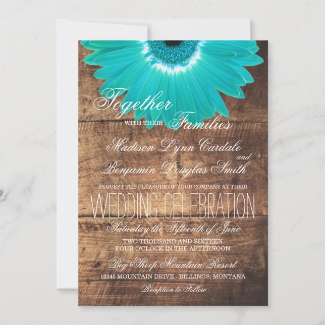 Teal Daisy Rustic Wood Wedding Invitations (Front)