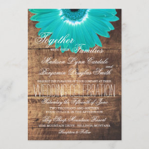 Teal Daisy Rustic Wood Wedding Invitations