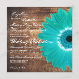 Teal Daisy Rustic Wood Wedding Invitations