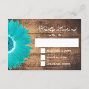Teal Daisy Rustic Wood Wedding RSVP Cards