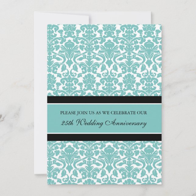 Teal Damask 25th Anniversary Party Invitation (Front)