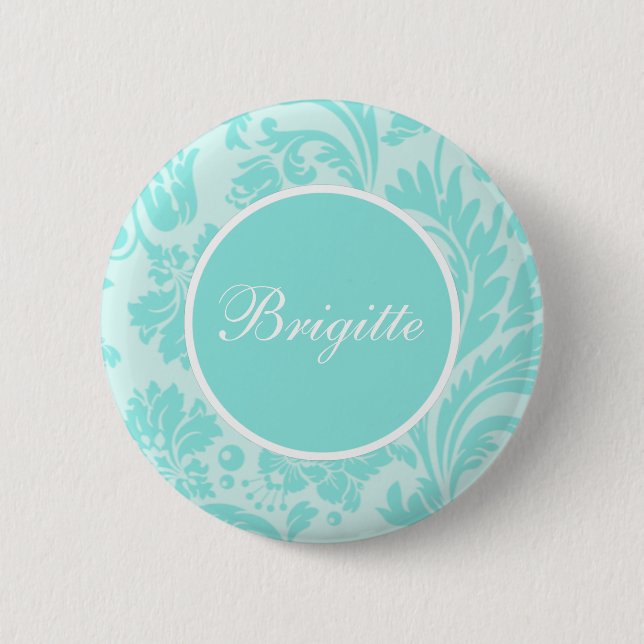 Teal damask 6 cm round badge (Front)