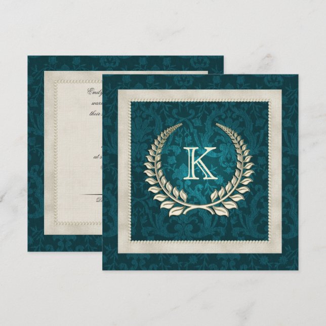 Teal damask and Pearls wedding invitation (Front/Back)