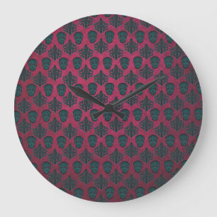 Teal Damask And Skulls On Textured Hot Pink Large Clock
