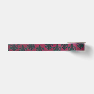 Teal Damask And Skulls On Textured Hot Pink Satin Ribbon