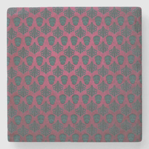 Teal Damask And Skulls On Textured Hot Pink Stone Coaster