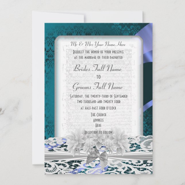 Teal damask and white lace wedding invitation (Front)