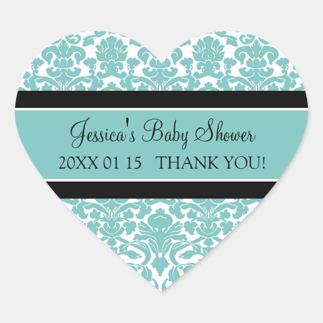 Teal Damask Baby Shower Favour Stickers (Front)